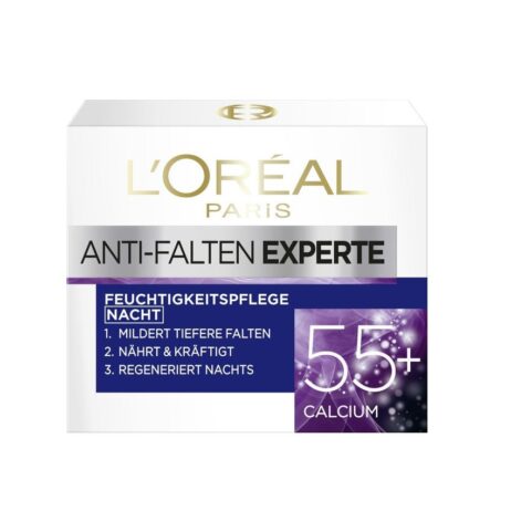 L'Oréal Paris 55+ Calcium Anti-Wrinkle Expert Moisturizer Night Cream, 50 ml jar.