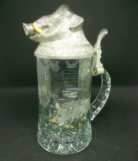 Beer Stein Glass Hinged Pewter Lid with Wild Boar from Germany