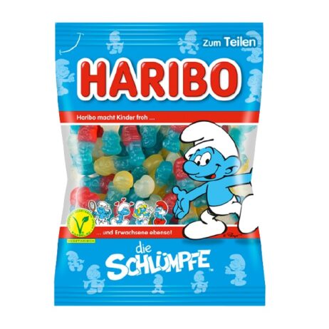 A bag of HARIBO Die Schlümpfe - Smurf Gummies featuring colorful gummy Smurfs, from Germany.