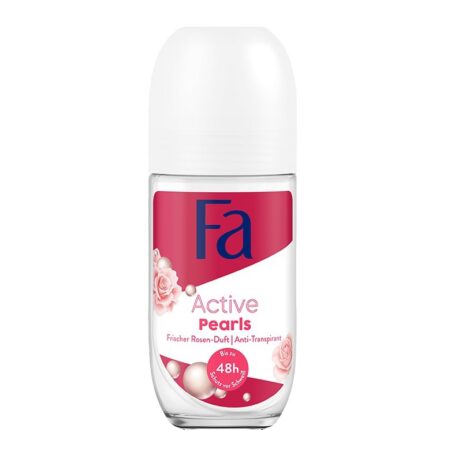 Fa Active Pearls Fresh Rose Anti-Perspirant Roll-On, 50 ml, offering 48-hour protection with a fresh rose scent.