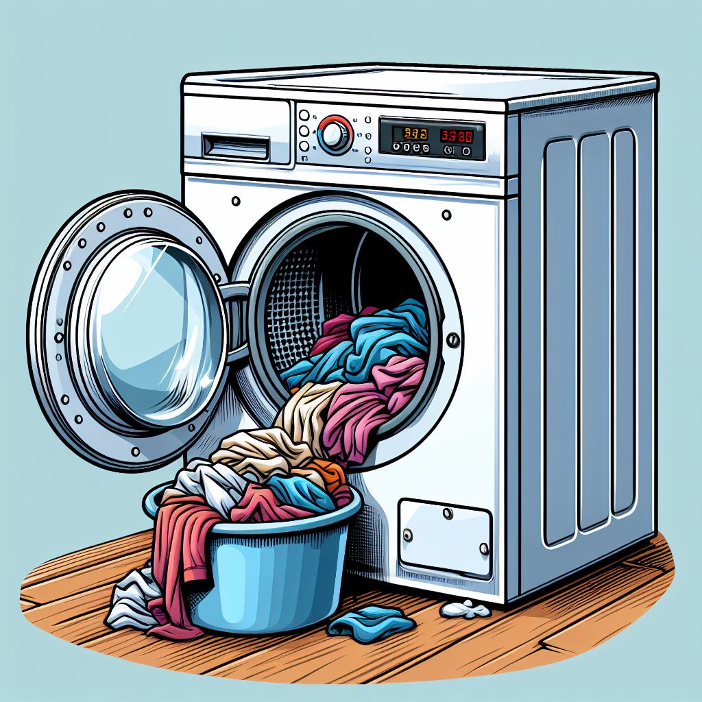 A front-loading washing machine with colorful laundry spilling into a blue basket, illustrating household laundry care.