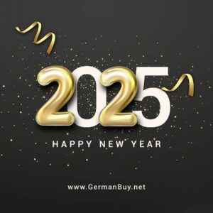 2025 Happy New Year with golden numbers and confetti on a dark background