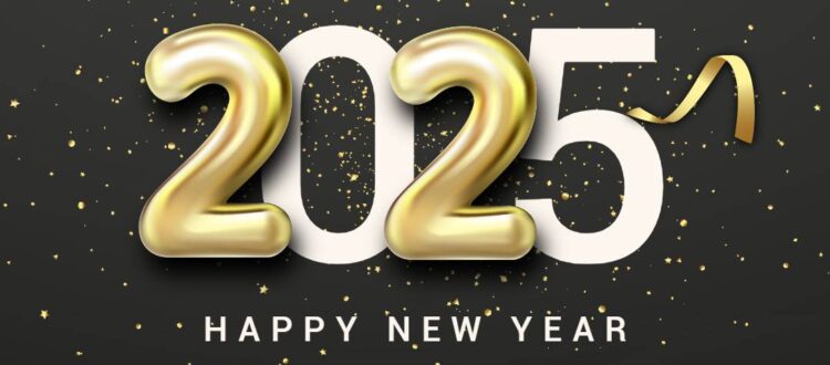 2025 Happy New Year with golden numbers and confetti on a dark background