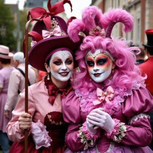 Two people in historical costumes celebrating Carnival in Germany.