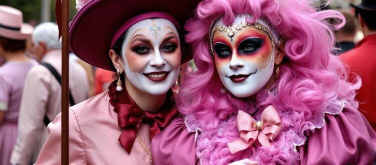 Two people in historical costumes celebrating Carnival in Germany.