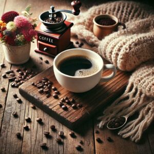 A steaming cup of coffee surrounded by coffee beans and a rustic wooden background.