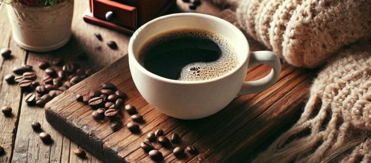 A steaming cup of coffee surrounded by coffee beans and a rustic wooden background.