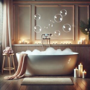 Freestanding bathtub filled with bubbles in a cozy bathroom setting.