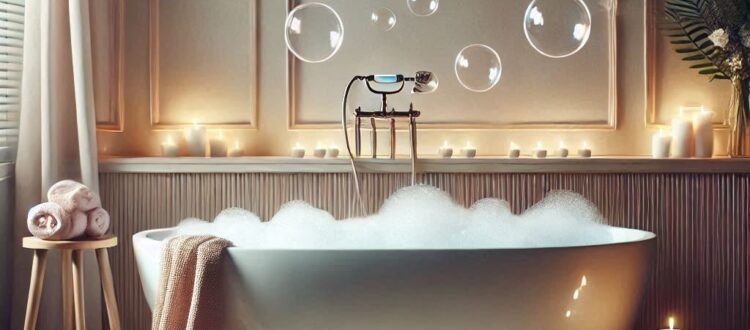 Freestanding bathtub filled with bubbles in a cozy bathroom setting.