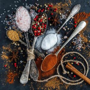 Various spices and seasonings in spoons on a dark background.