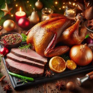 Traditional German dishes, Weihnachtsgans and Zwiebelrostbraten, served with vegetables