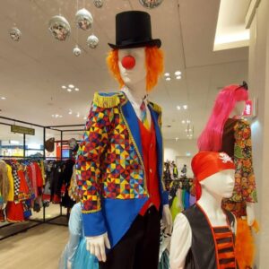 Colorful carnival costumes in Germany, including a clown with a tailcoat and top hat, a pirate costume for children, and other vibrant disguises.