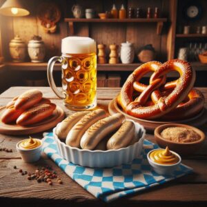 A cozy German kitchen scene displaying Weisswurst sausages in a white porcelain dish with Bavarian sweet mustard, a freshly baked soft pretzel on a rustic wooden countertop, and a glass beer stein, accented by blue-and-white checkered cloth, ceramic mugs, and wooden shelves with spices in warm, natural lighting.