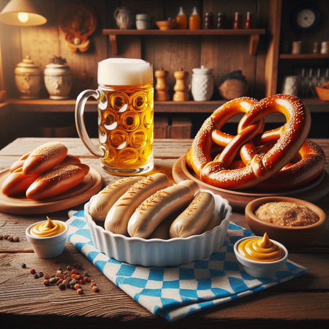 A cozy German kitchen scene displaying Weisswurst sausages in a white porcelain dish with Bavarian sweet mustard, a freshly baked soft pretzel on a rustic wooden countertop, and a glass beer stein, accented by blue-and-white checkered cloth, ceramic mugs, and wooden shelves with spices in warm, natural lighting.