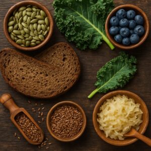 A colorful assortment of traditional German superfoods including kale, red cabbage, rye bread, root vegetables, and seeds, arranged on a rustic wooden table.