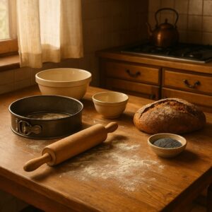 A cozy traditional German kitchen bathed in soft natural light, displaying classic baking essentials: a wooden rolling pin, a flour-dusted countertop, ceramic mixing bowls, a fresh rustic loaf, a dish of poppy seeds, and a springform pan.