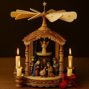 German Christmas pyramid handcrafted from natural wood, featuring a multi-tiered nativity scene illuminated by candles.