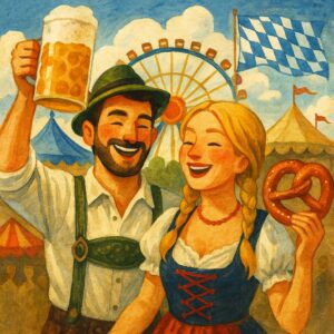 Joyful Bavarian couple celebrating Oktoberfest at a lively fairground with beer, pretzels, traditional clothing, and a Ferris wheel in the background—capturing the spirit of Munich’s iconic 2025 festival.