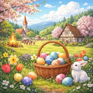 Colorful spring illustration showing traditional Easter atmosphere in Germany with painted eggs, blooming landscape, and rural village scenery