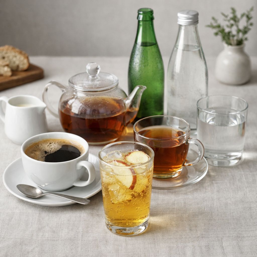 German drinking habits with coffee, tea, sparkling water, juice, and Apfelschorle in everyday life.