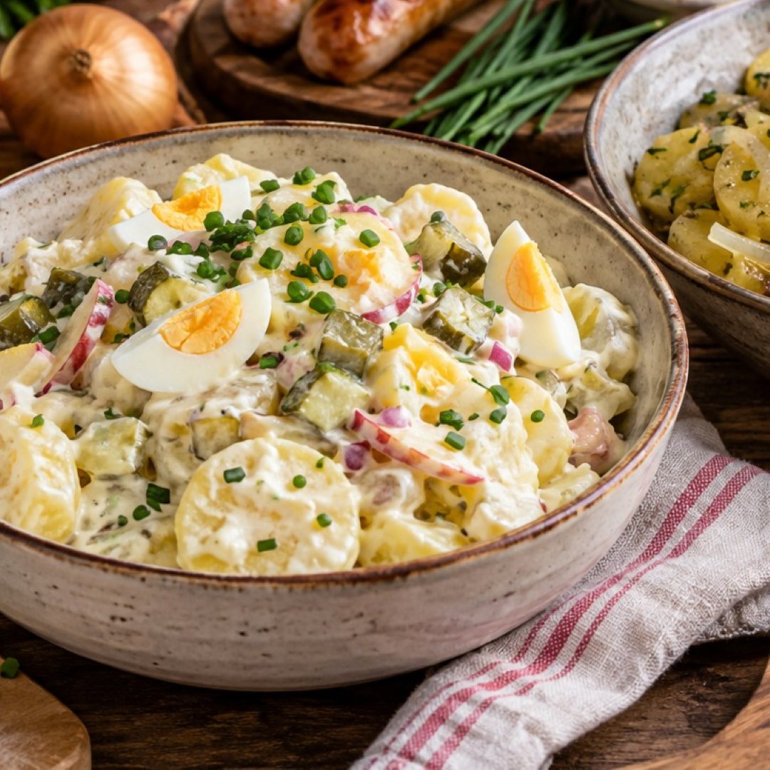 Traditional German potato salad with potatoes, pickles, hard-boiled eggs and fresh chives