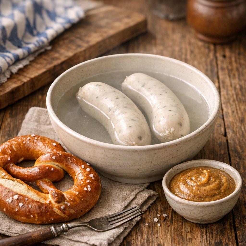 Bavarian Weisswurst with sweet mustard and pretzel, a traditional German sausage served before noon.
