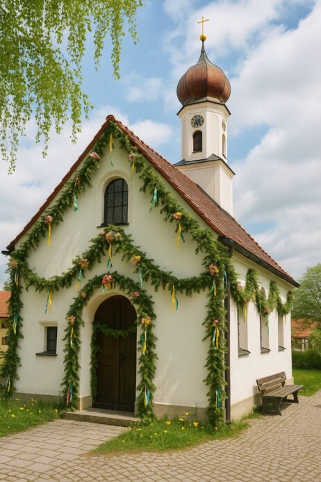 German village church decorated with fresh green garlands for Pentecost