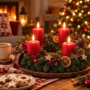 German Advent wreath with four red candles in a cozy Christmas setting