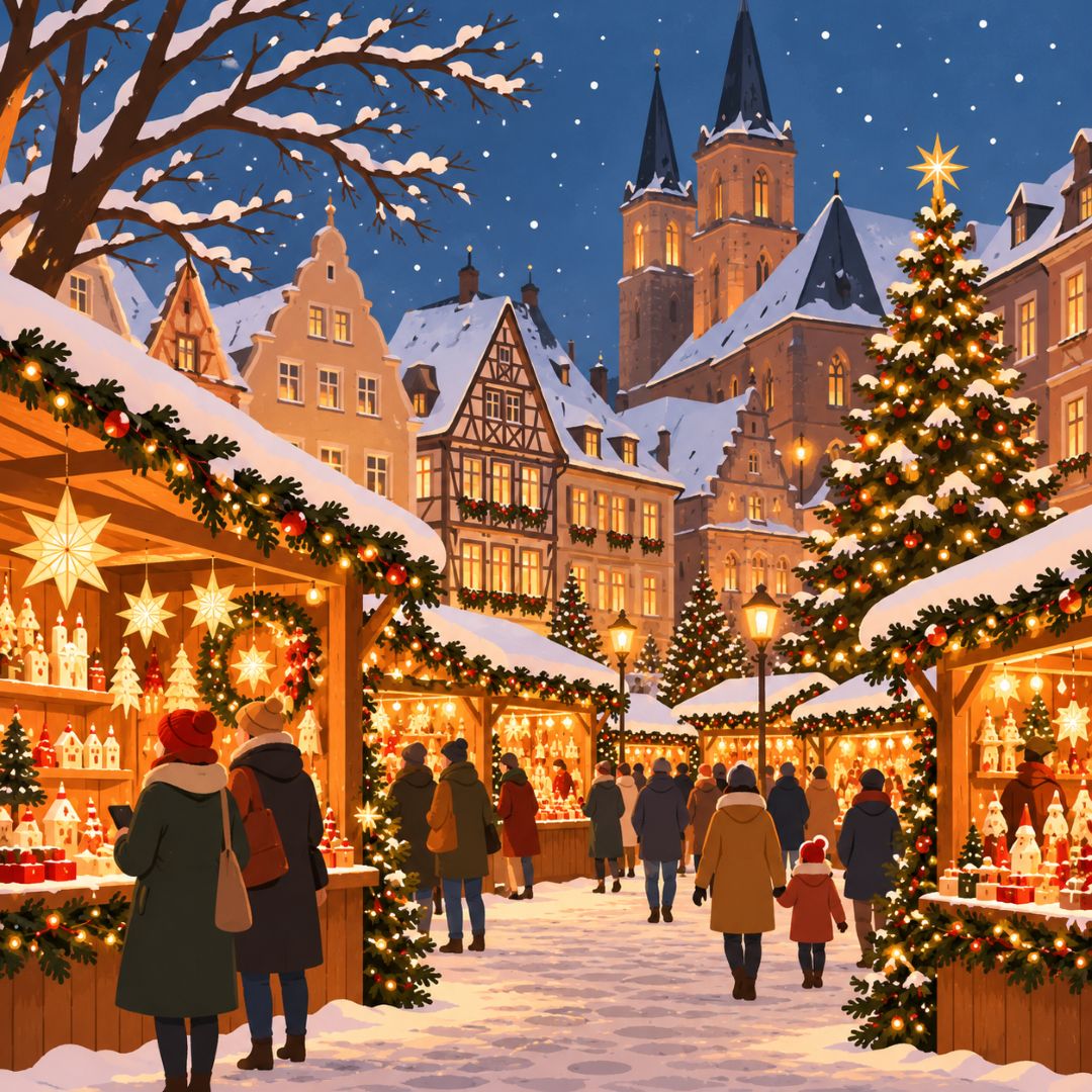 German Christmas market with traditional wooden stalls and Christmas lights