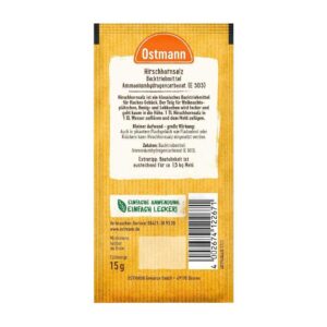 Back of Ostmann Hirschhornsalz 15 g (0.52 oz) packet with German baking information